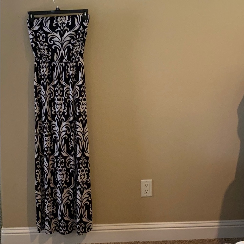 Strapless black and white print maxi dress